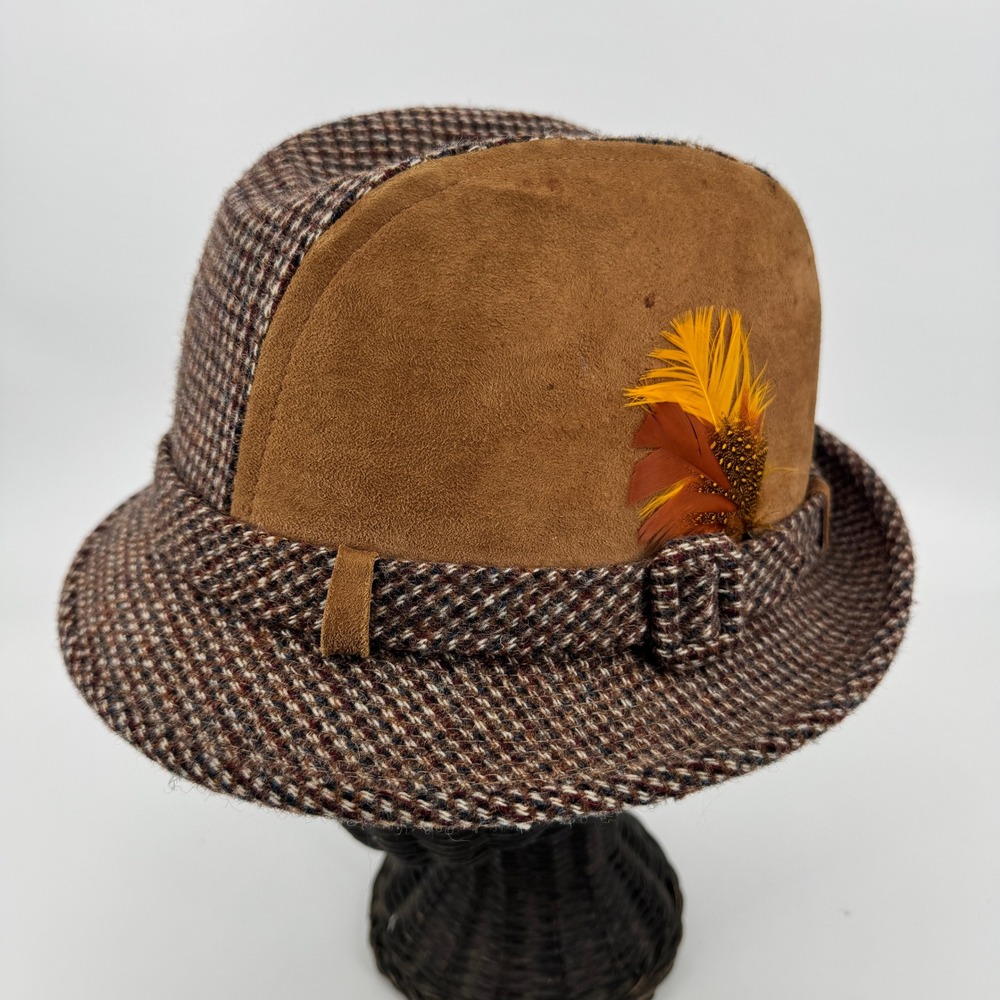 Dobbs Fedora Hat Mens 7 1/8 Brown Tweed Suede Feather Vintage Trilby USA Made